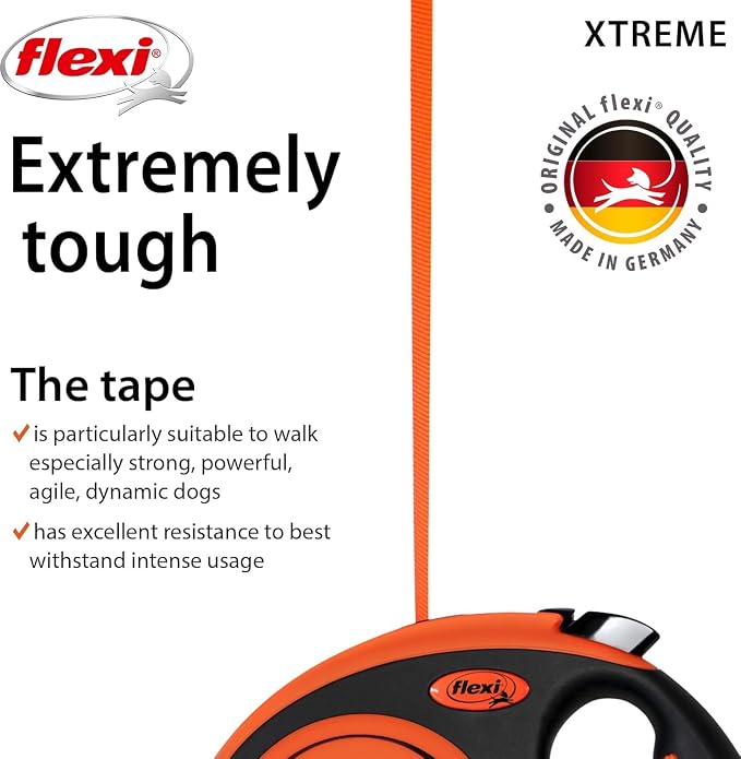 FLEXI® Xtreme Tape Retractable Dog Leash, Small, 16 ft - Orange/Black | German engineered, original flexi leash, durable quality for dogs up to 44 lbs, tangle-free, walking, reliable brake system