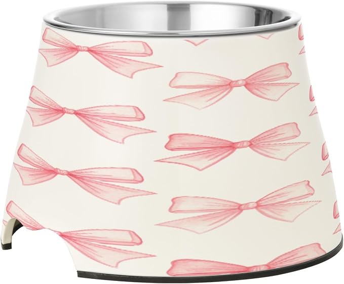 Blueangle Elevated Dog Bowls with Stainless Steel - Non-Slip 2.3 Cup High Capacity Pet Dish for Spinal Health & Pink Ribbon Bow Design（442）