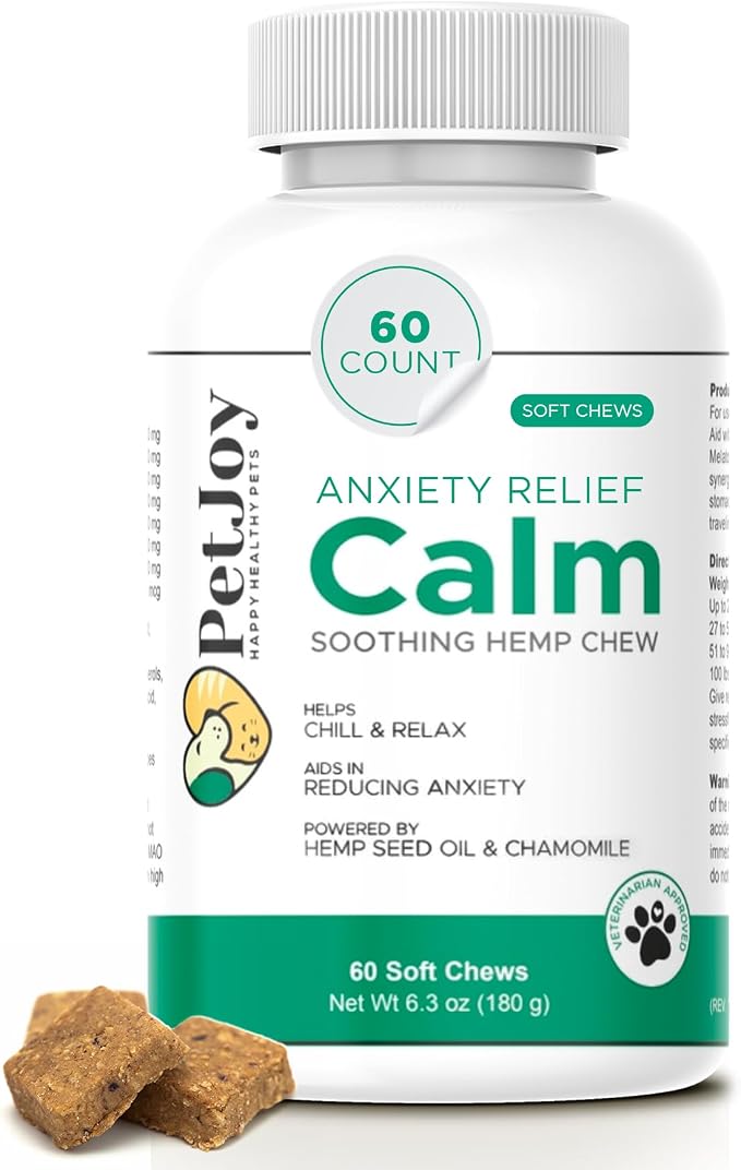 PetJoy Hemp Calming Chews for Dogs Relaxation Separation Anxiety Relief, Chamomile