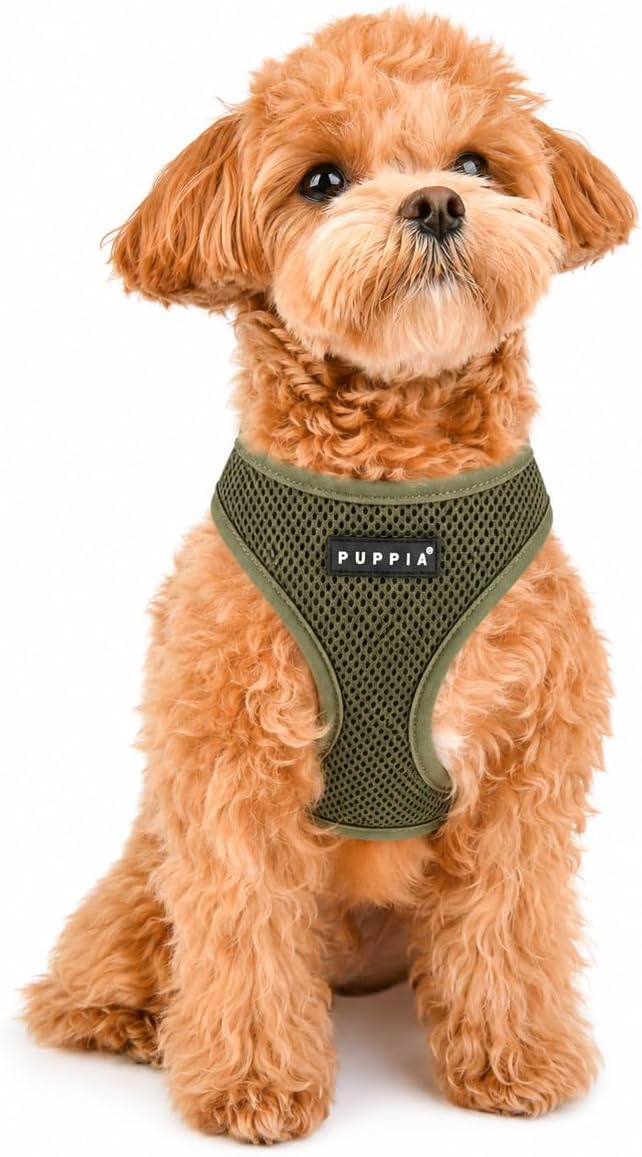 Puppia Soft Dog Harness No Choke Over-The-Head Triple Layered Breathable Mesh Adjustable Chest Belt and Quick-Release Buckle for Small Dogs, Khaki, XS
