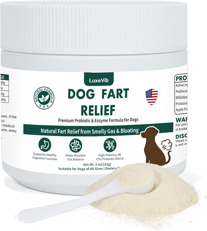 Dog Fart Remedy with 4B CFU Pediococcus Acidilactici Probiotics & Digestive Enzymes, Helps Reduce Smelly Gas & Bloating, Supports Dog Gut Health & Digestive Balance, Powder for Dogs – 5 oz