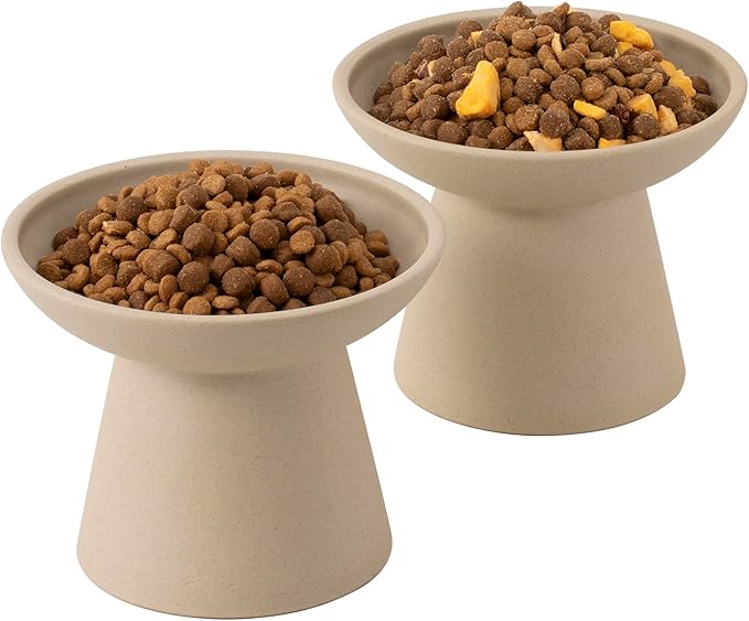 CEEFU Extra Wide Elevated Ceramic Cat Bowl, 6.2" Shallow Dish for Whisker Fatigue Relief, 5" Height for Easy Feeding, Durable Raised Cat Food Bowls, Pack of 2, Pottery Clay (Not Glazed)