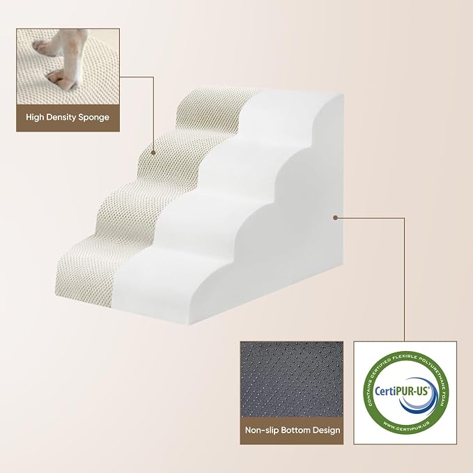 PAWSCRAT Pet Stairs for Dogs 5-Step, 22.8" H Pet Stairs for High Bed, Couch Sofa & Chair, 30D Material Soft Foam Dog Steps with Non-Slip Bottom Surface Removable Washable Cover, Beige