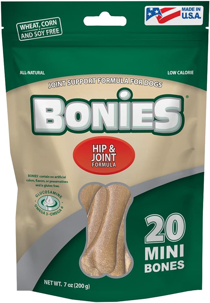 Bonies Natural Hip & Joint Formula Minis-Sized Single Bone, Glucosamine & Omega Fatty Acids, Fresh Breath, Clean Teeth, Low Calories, Chicken Flavor, MINI Dogs, 20 Bones