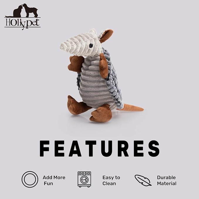 Hollypet Armadillo Squeaky Puppy Dog Toys for Small Medium Dogs, 8" | plush stuffed small dog squeak animal toy with unique grunt squeaker textured fabric for teeth cleaning toys
