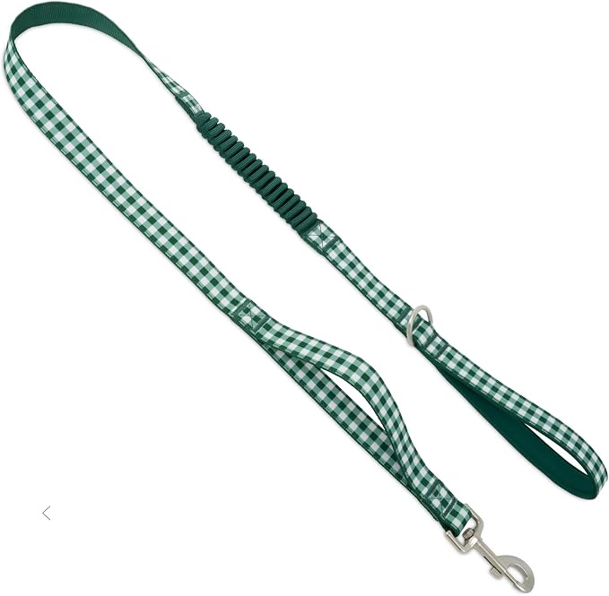 PetSafe Comfort 4 ft Bungee Dog Leash, Green Gingham | Shock-Absorbing Bungee Flexes on Pulls, Dual Handles for Control, Reflective Stitching, Built-in D-Ring for Off-Leash Storage