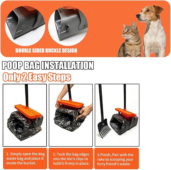 Pooper Scooper for Dogs, 46'' Long Handle Large & Small Breeds, Yard & Outside Waste Pickup, Rake with Bag Attachment & Holder, Litter Scooper, 100 Pet Waste Bags, Pet Supplies & Dog Accessories