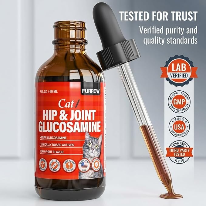 Furrow Liquid Glucosamine for Cats and Small Dogs — Hip & Joint Supplement with MSM, Chondroitin, Taurine & Hyaluronic Acid, Chicken Gravy Flavor — Joint Support for Pets Under 22 lbs