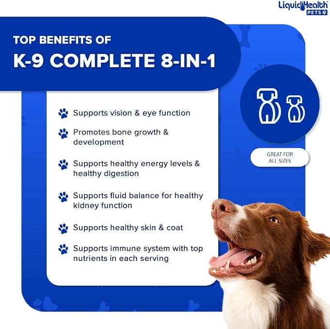 LIQUIDHEALTH Pets K9 Complete 8-in-1 Liquid Multivitamin for Adult Senior Dogs & Puppies, All in One Complete Formula Canine Vitamins for Skin & Coat, Joint Health, Immune Support - USA Made (3 Pack)