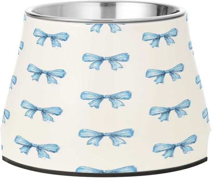 Blueangle Elevated Dog Bowls with Stainless Steel - Non-Slip 2.3 Cup High Capacity Pet Dish for Spinal Health & Watercolor Blue Bows Design（460）