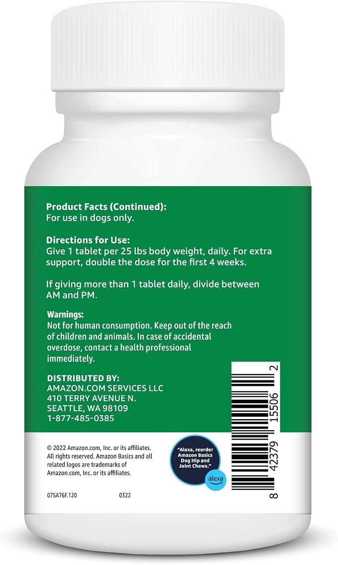 Amazon Basics Dog Hip & Joint Daily Chewable Tablets, with Glucosamine, MSM, and Chondroitin, Duck Flavored, 120 Count (Previously Solimo)