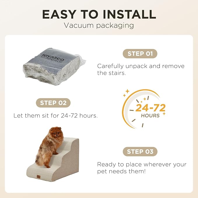 Joydeco Dog Stairs for Bed 17.1" H, 3-Step Pet Steps for Small Dogs and Cats, Dog Steps for High Bed, Non-Slip Balanced Ramp Indoor Pet Stairs, Beige