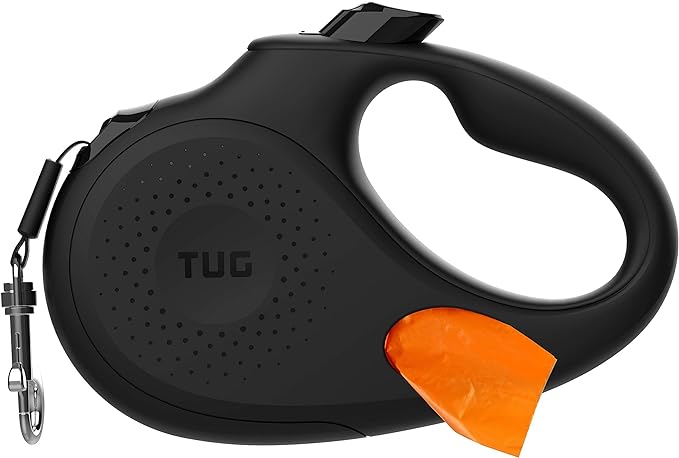 TUG Oval 360° Tangle-Free Retractable Dog Leash with Integrated Waste Bag Dispenser (Large, Black)