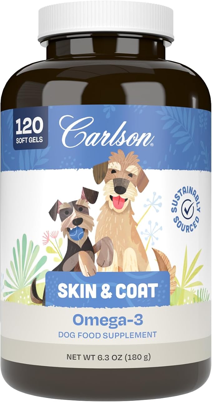 Carlson Omega-3 Fish Oil Soft Gels for Dogs, Supports Skin & Coat, Joint & Heart Health, Dog Supplement, 120 Soft Gels
