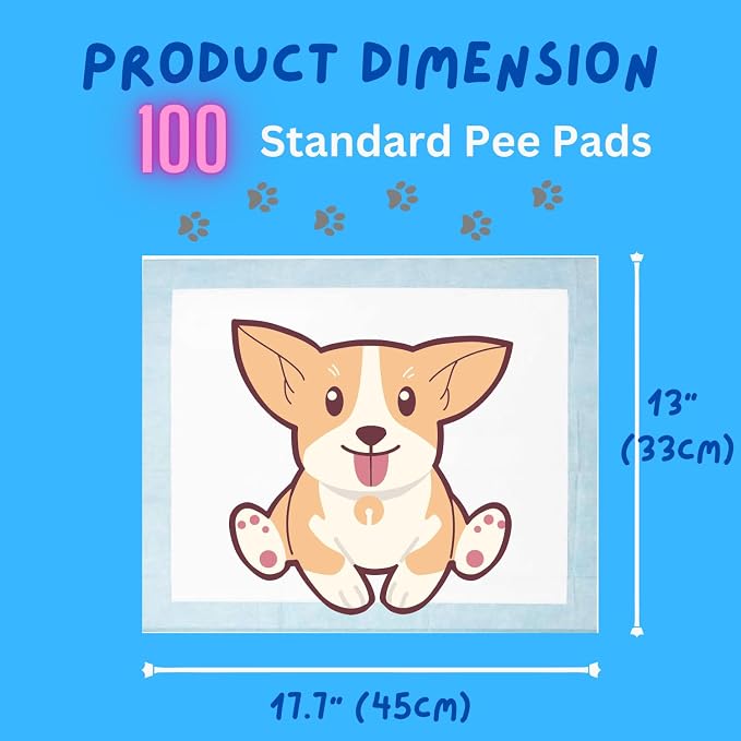 Dog and Puppy Pet Pee Training Pads with Odor-Eliminating Leak-Proof Quick-Dry Design, Potty Training, Super Absorbency, Regular Size, 17.7 x 13 Inches, Pack of 100, Blue & White