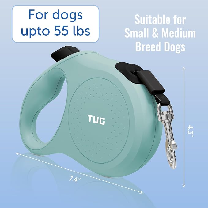 TUG Quest Retractable Dog Leash | 360° Tangle-Free | 16 ft Tape (M, Green)
