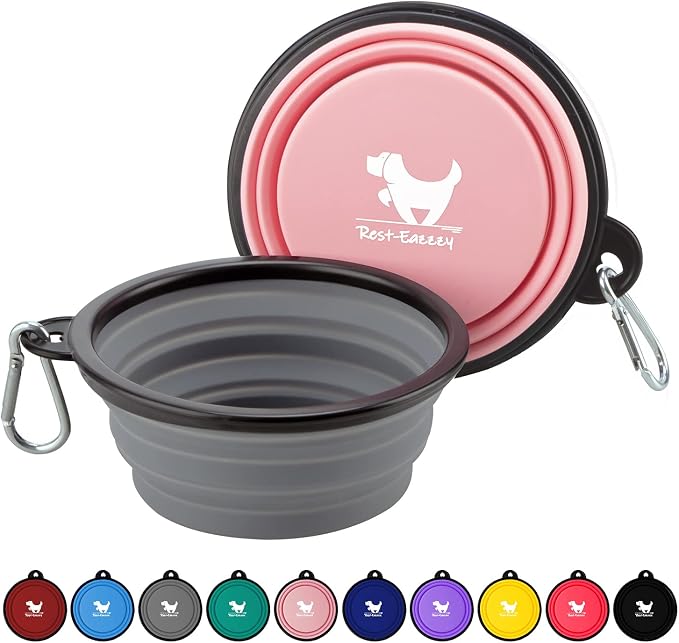 Collapsible Dog Bowls, 2 Pack, with Carabiners, Grey & Pink, Small