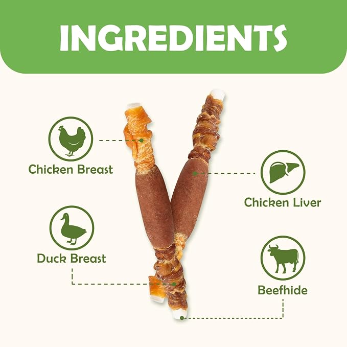 MON2SUN Dog Treats, Triple Flavor 5 Inch Chicken Liver Duck and Chicken Wrapped Rawhide Snacks for Small and Medium Dogs, 10.58 Oz (15 Count-Pack of 2)