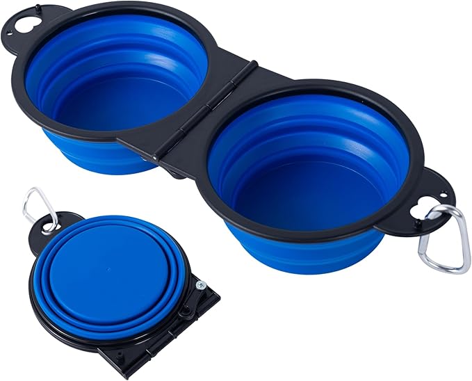 SLSON Collapsible Dog Dual Bowls with Lock Clips, Blue