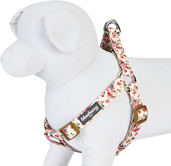 Blueberry Pet 9 Patterns Step-in Spring Scent Inspired Pink Rose Print Ivory Dog Harness, Chest Girth 16.5" - 21.5", Small, Adjustable Harnesses for Dogs