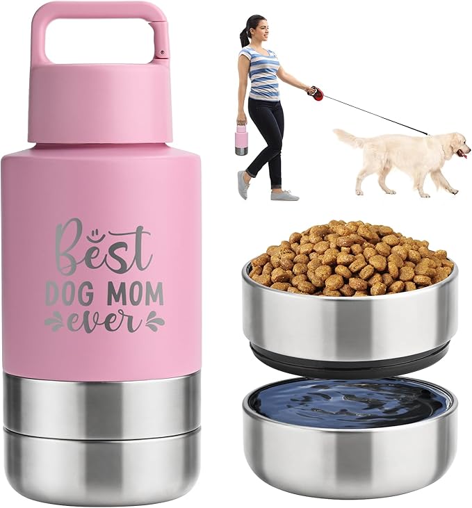 KEWIXY Insulated Dog Travel Water Bottle with Detachable Bowls, 32oz, Pink: Best Dog Mom