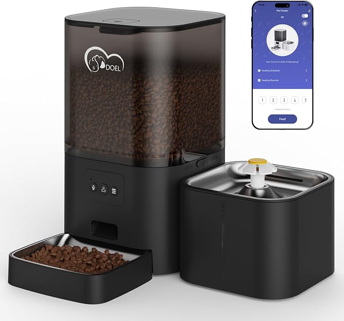 DOEL 2.4GHz WiFi Automatic Cat Feeder and Water Fountain, 6L/24 Cups Timed Dry Food Dispenser for 2.5 Weeks, with APP Remote Control, Voice, for Small Medium Dog Puppy Kitten