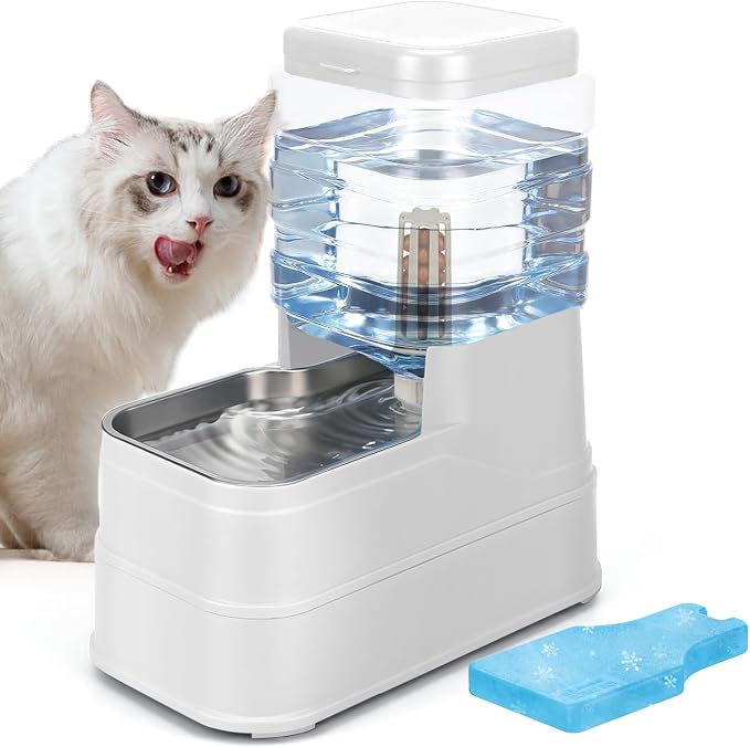 1.1 Gallon Pet Automatic Dog Water Dispenser Cat Gravity Waterer Feeder with Stainless Steel, 1.1 Gallon, Polyester, White