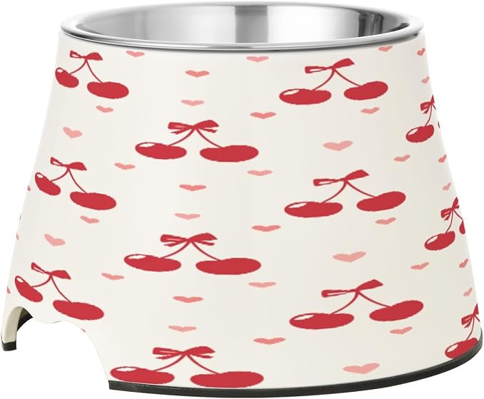 Blueangle Elevated Dog Bowls with Stainless Steel - Non-Slip 2.3 Cup High Capacity Pet Dish for Spinal Health & Cherries and Bows Design（291）
