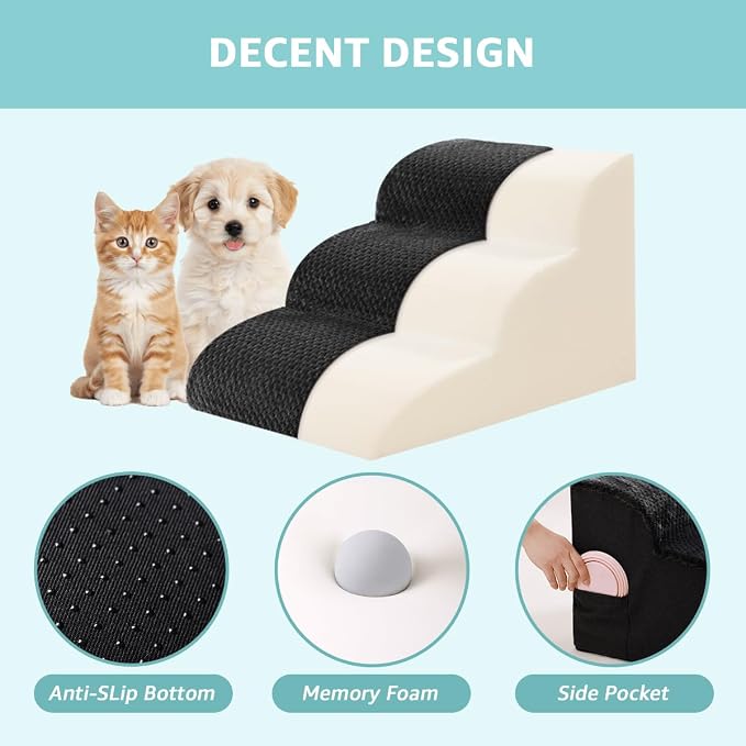 Oiilores Dog Stairs for Small Dogs 15" H, 3-Step Dog Steps Ramp for Couch Sofa and Chair with Anti-Slip Washable Cover and Durable High Density Foam, Pet Stairs for Cats, Black
