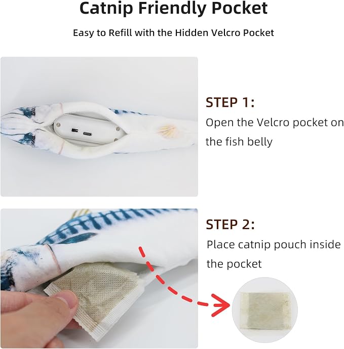 Flopping Fish Cat Toy, Interactive Moving Plush Cat Kicker Toy with Catnip Pocket, USB Rechargeable Automatic Wiggle Mackerel Toy for Indoor Kitten & Small Dogs, Single Mackerel（11.02Inch）