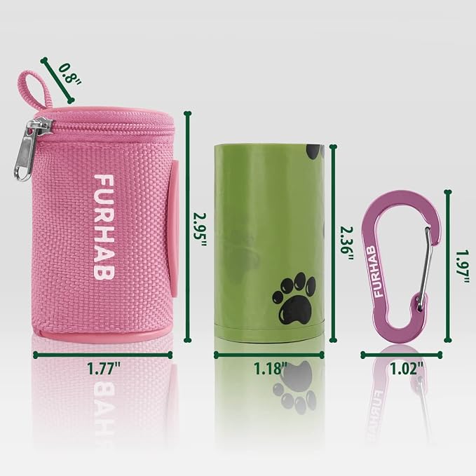 FURHAB Dog Poop Bag Holder for Leash Doggie Waste Bag Dispenser Soft Fabric Puppy Potty Carrier Small Doggy Zipper Pouch with Carabiner Clip 1680D Nylon Oxford with 1 Roll of Pet Trash Bags, Pink
