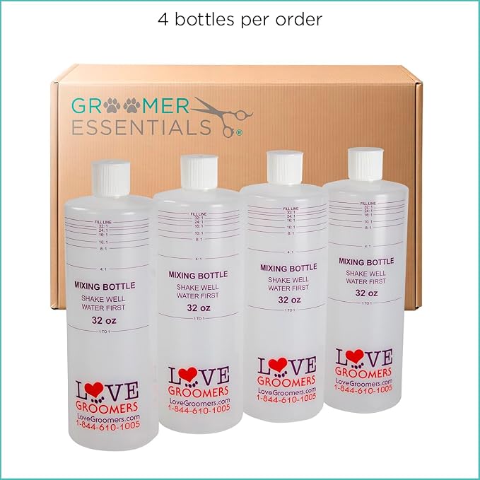 Groomer ESSENTALS 32oz Dilution Bottles - Set of 4 - Professional Dog Grooming Mixing Bottles for Shampoo, Conditioner, and Solutions