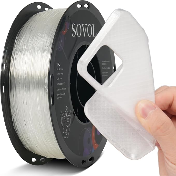Sovol TPU Filament 1.75mm, 95A Soft TPU Flexible 3D Printer Filament with High Elasticity, 1kg (2.2lbs), Dimensional Accuracy +/- 0.03 mm, Fit Most FDM Printer, Clear