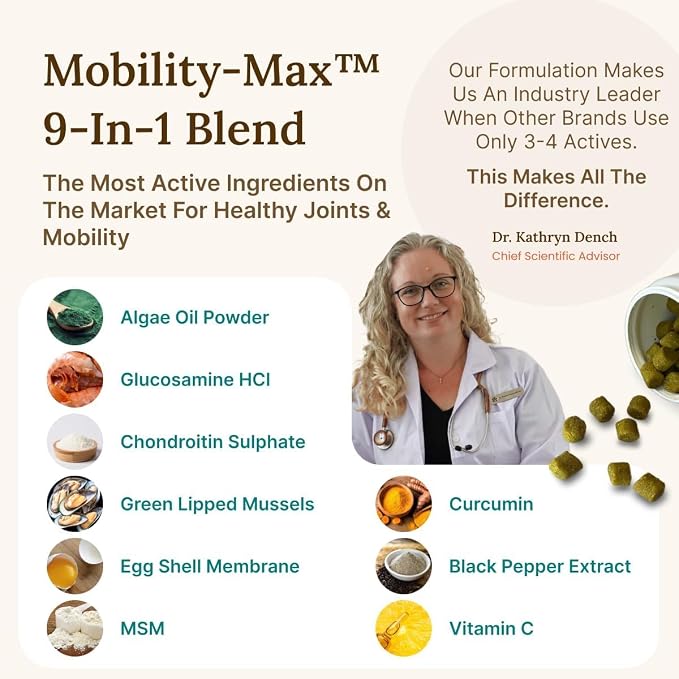 Mobility Max Dog Hip and Joint Supplement with Glucosamine, Chondroitin, MSM & Vitamin C – Hip and Joint Chews for Dogs – 9-in-1 Advance Formula – 60 Bacon Chews for Active & Senior Dogs, 240g