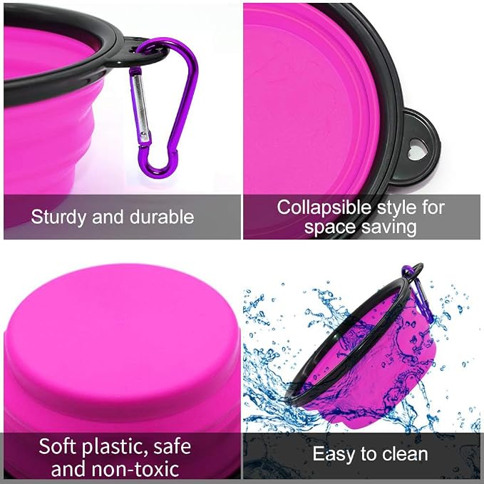Dog Bowl Collapsible, 2 Pack, with Carabiners, Small, Green+Purple
