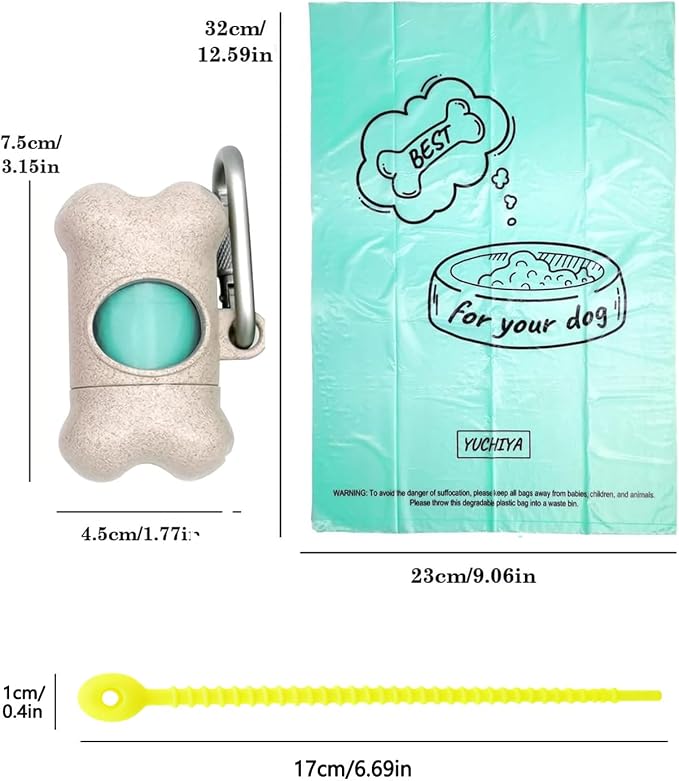 Dog Poop Pickup Bags Holder Dispenser with 1 Roll Random Color Leak-proof Scented Doggy Waste Bags and Carabiner with Safety Lock Plus Hook and Loop Fastener Never Loose on Leash Lead Again (Beige)