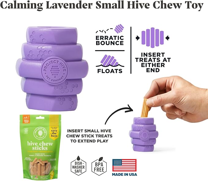 Hive Chew Toy for S/M Dogs – Purple/Calming Lavender Scent – Chew, Fetch, & Treat-Dispensing Enrichment Toy, Floats, Made in USA, Pairs with Hive Chew Sticks for S/M Dogs for Longer-Lasting Play