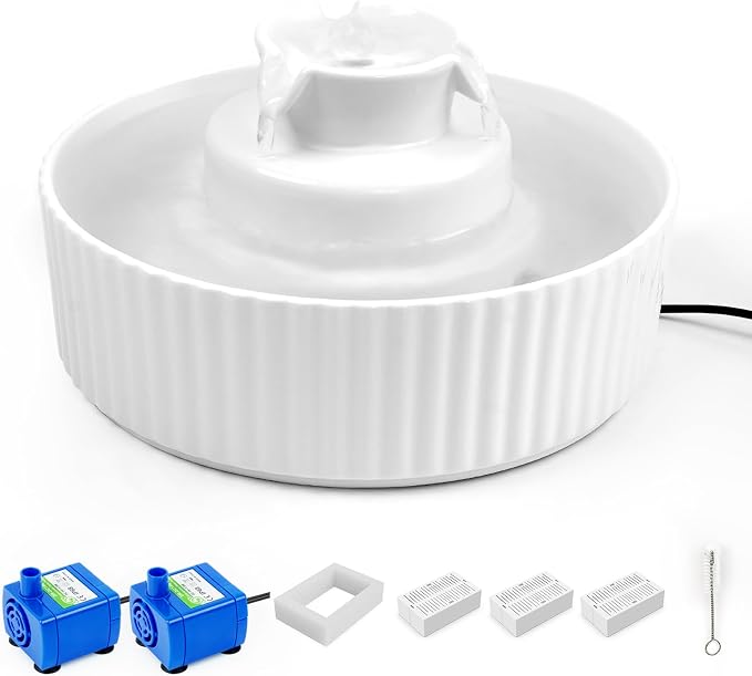Ceramic Cat Water Fountain, 2.1L/71oz Cupcake Pet Water Fountain for Cats and Dogs, Automatic Pet Drinking Fountain,Double Filtration System, Easy to Clean (White) (2 Water Pumps)