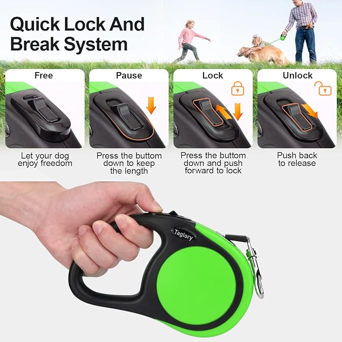 Taglory Retractable Dog Leash, One-Handed Brake, 16ft, Up to 44 lbs, Green | More Freedom While Staying in Control, Smooth Retraction, Tangle-Free Design, Easy-Grip Handle, Daily Neighborhood Walks