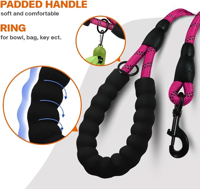 Taglory Rope Dog Leash for Small Medium Dogs, 5 FT Padded Handle, Hotpink | Made of Climbing Rope, Reflective for Night Walks and Training, Comfortable Grip, Anti-tangle Swivel Clip, 3/8 inch