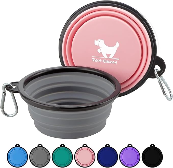 Collapsible Dog Bowls, 2 Pack, with Carabiners, Grey & Pink, Large