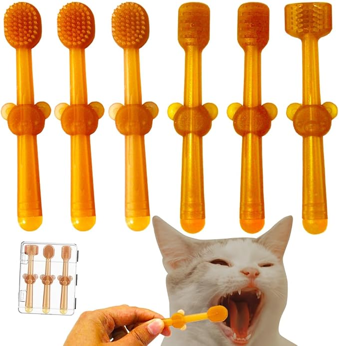 Small Dog & Cat Toothbrush Kit with Storage Box, 6 Pack 3.6in/ 92mm Pet Toothbrushes, 360° Silicone Mini Head Tongue Cleaning Brush, Soft Bristle for Deep Cleaning Dental Care, Tartar Plaque Removal