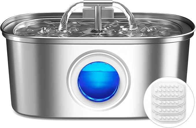 Cat Water Fountain Stainless Steel: 108oz/3.2L Cat Fountain for Drinking with Filter - Pet Water Fountains for Cats Inside - Automatic Cat Feeding & Watering Supplies - Water Level Window