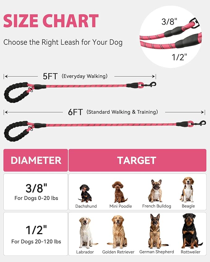 Joytale Rope Dog Leash for Medium Large Dogs, Padded Handle, 5FT, Pink | Reinforced Nylon Webbing, Comfort Grip Eases Hand Strain, Swivel Clip Prevents Tangles, Visible at Night, for Outdoor Walks