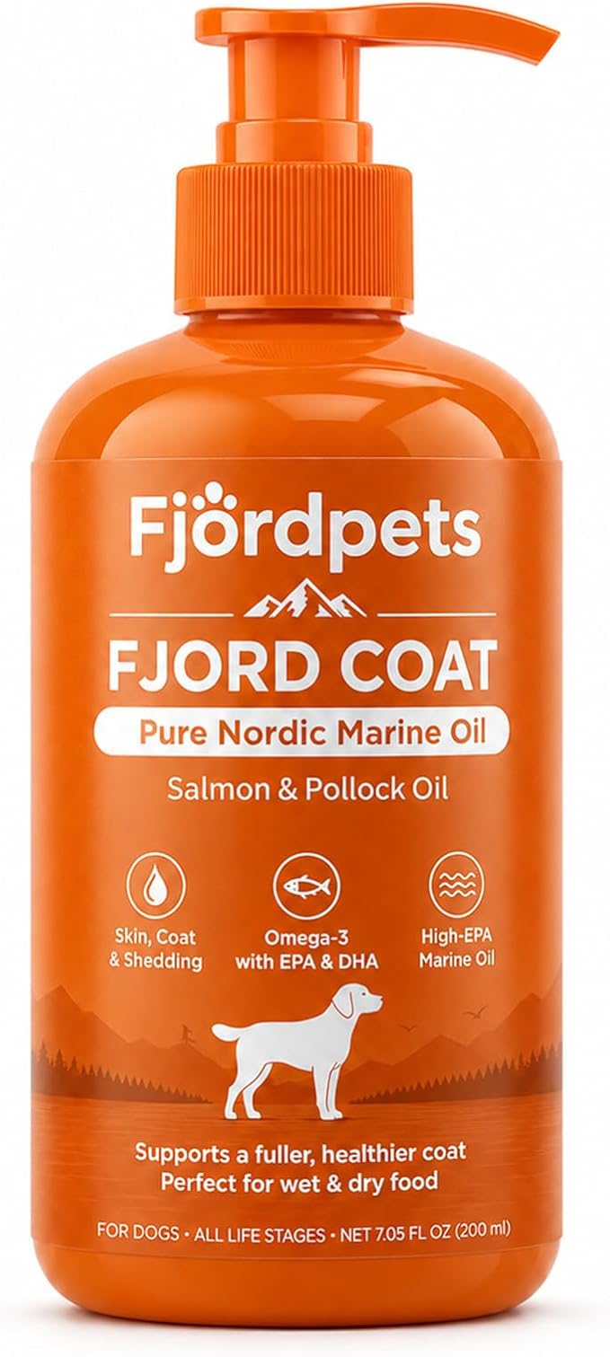 Fjordpets Fjord Coat Marine Oil for Dogs, Omega-3 Salmon and Pollock Fish Oil with EPA and DHA, Liquid Drops Supplement for Skin & Coat, 7.05 fl oz