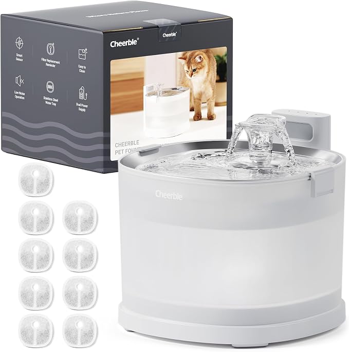 Cheerble Pumpless Pet Fountain Elfin E1+ with 9 Extra Filters, 2L, White