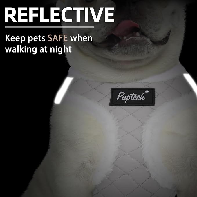 PUPTECK Plush Dog Harness and Leash Set for Small Medium Dogs No Pull Step-in Soft Mesh Puppy Cat Winter Vest Harnesses Reflective at Night Warm, Plush Grey, M