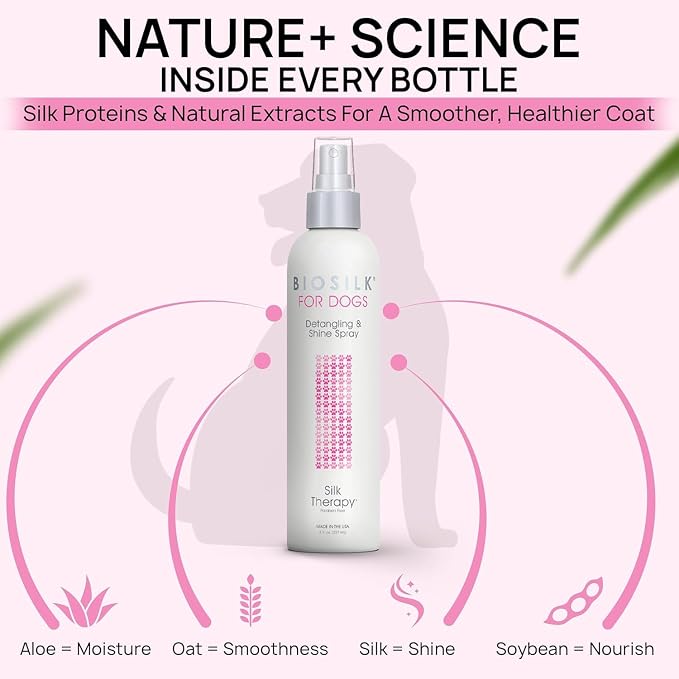 BioSilk for Dogs Silk Therapy Detangling and Shine Spray, 8 Fl Oz, 6-Pack | pH-balanced, paraben-free leave-in mist with silk and vitamins, dematting spray for all coats and breeds