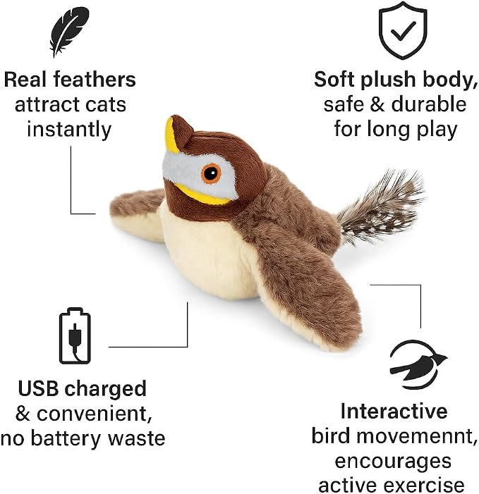 Flapping Bird Cat Toy, White Faced Sparrow | No Flying, Chirping, With Catnip, Rechargeable, For Indoor Cats