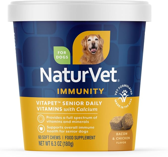 NaturVet VitaPet Senior Daily Vitamin Dog Supplements - 60 Ct | Soft Chews, Made in The USA with Globally Source Ingredients